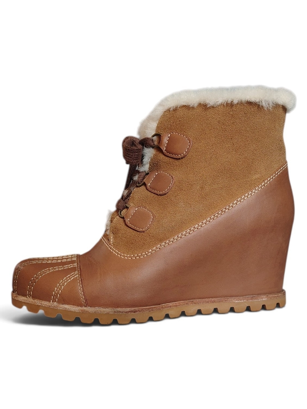 UGG Alasdair Waterproof Wedge Bootie Chestnut Leather/Suede Shearling Lined Sz 9
